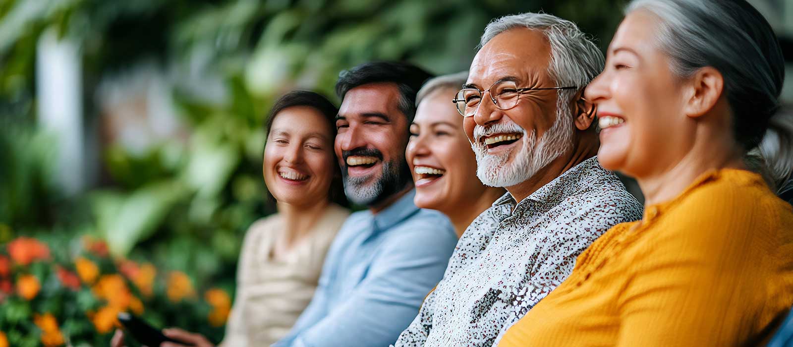 Five Friends Sharing a Joyful Moment Together, Laughter and Camaraderie in the Garden