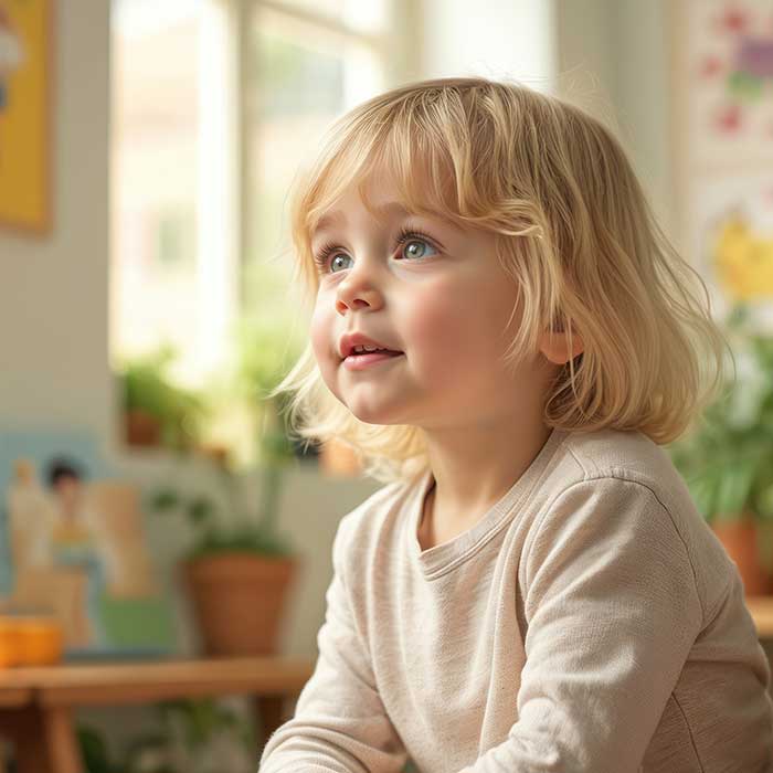 pediatric-dentistry-feature-square Cute toddler sits on chair in bright room filled with plants educational posters. Warm inviting atmosphere is perfect learning exploration. Indoor scene featuring smiling child, joy, childhood.