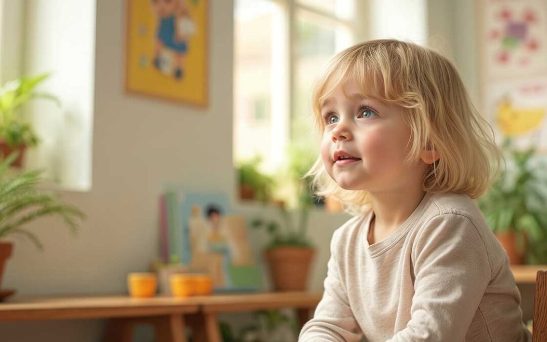 Cute toddler sits on chair in bright room filled with plants educational posters. Warm inviting atmosphere is perfect learning exploration. Indoor scene featuring smiling child, joy, childhood.