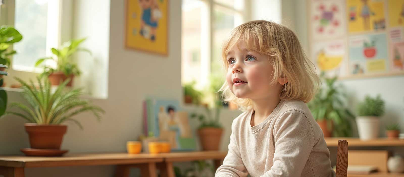 Cute toddler sits on chair in bright room filled with plants educational posters. Warm inviting atmosphere is perfect learning exploration. Indoor scene featuring smiling child, joy, childhood.