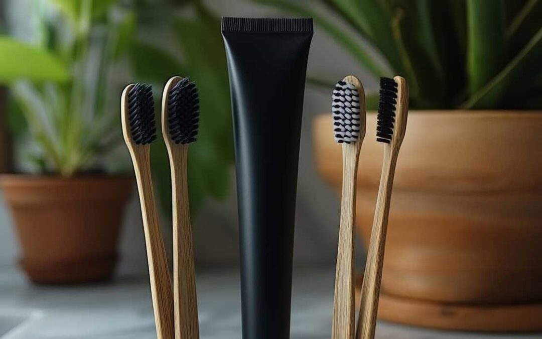 Natural bamboo toothbrushes and charcoal toothpaste on a marble countertop with indoor plants in a cozy setting
