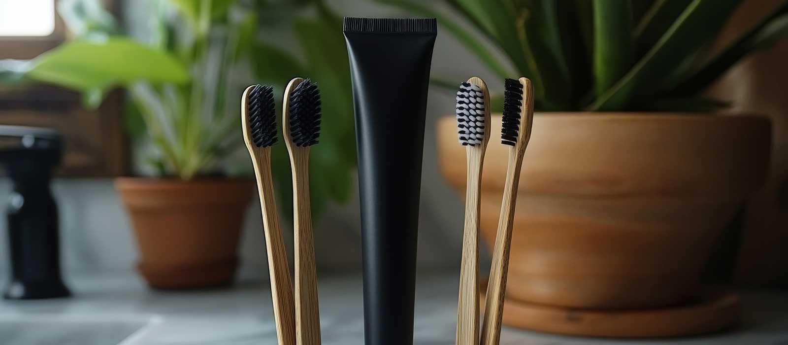 resources-feature-wide Natural bamboo toothbrushes and charcoal toothpaste on a marble countertop with indoor plants in a cozy setting