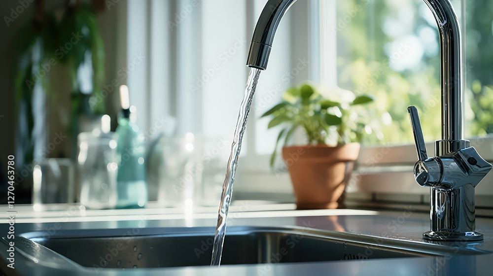 tap water pouring out of a kitchen sink faucet
