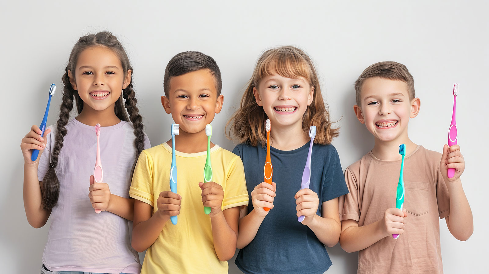 Children holding toothbrushes and smiling group portrait caring for teeth and health